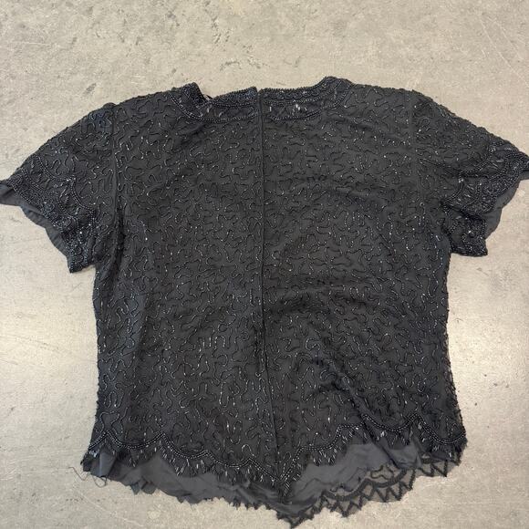 Vintage Y2K Black Silk Fully Embellished Short Sleeve Flowy Women's Blouse XL - Picture 4 of 6